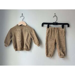 H&M Ribbed Velour Matching Trackset Caramel Sweatshirt Pants 9M Scandi Neutral
